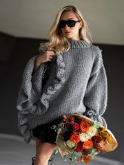 Hnewly  Fashion Women's Dress O-neck Full Ruffle Sleeve Solid Loose Knitted Female Dresses Autumn Chic Lovely Straight Lady Robes