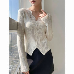 Hnewly  V-neck Lace Base Shirt for Women New Spring Clothes All Match Long-sleeved T-shirts Fashion Tops Outwear Korean Style Tees