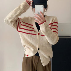 Hnewly  Striped Knit Cardigan Sweater with Heart-shape Button Front V-Neck Sweater Jacket Female Autumn Winter French Chic Cute Outfit
