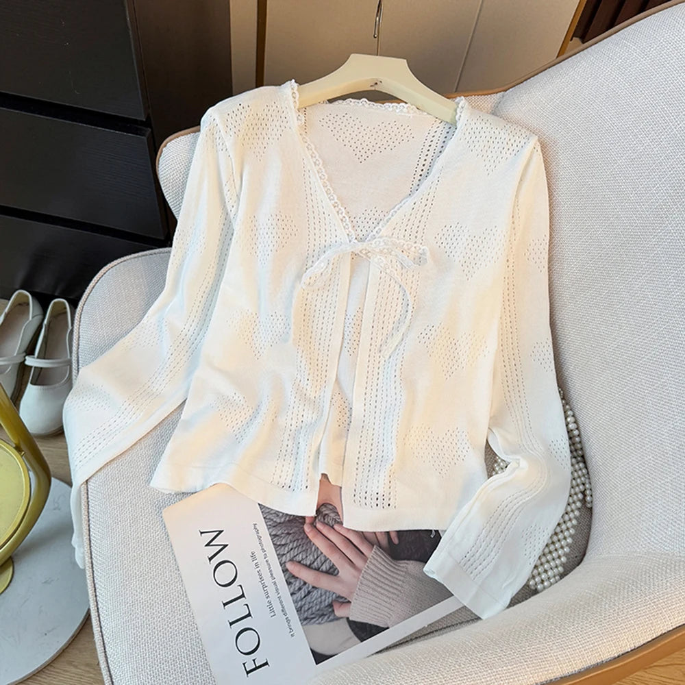 Hnewly  Sweet Lace Trim Heart Hollow Knit Cardigan Women's V-Neck Long Sleeve Early Autumn Bow Tie Loose Fit Female Short Tops