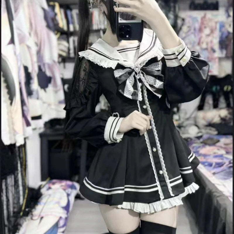 Hnewly DRESS TO IMPRESS Japanese Black Gothic Y2k Lolita Bow Dress Shorts Set Women Vintage Sweet Long Sleeve Shirt Party Dresses Slim Mini Dress 2000s