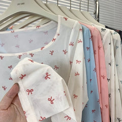 Hnewly Pink Bow Printed Long Sleeved T-shirt Women's Spring  Summer Sun Protection Top Korean Version Round Neck Slim Fit Versatile Tee