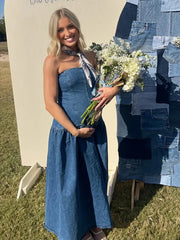 Hnewly  Maternity Photoshoot Strapless Denim Dress Deep Blue Waist Cinch Full Skirt Pregnancy Photo Outfit Baby Shower Rustic Studio Pro
