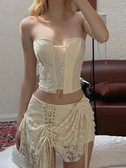 Hnewly  Elegant Women's Tube Top Lace Skirt Suit Slim Sleeveless Backless Crop Tops Ruffle Lace Up Skirts Fashion Summer Lady Set