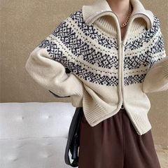 Hnewly  Women Fair Isle Sweater Zipper Front Collared Zip-up Sweater Knit Jacket Cozy Knitwear Teen-girl Fall Winter Vintage Outfit