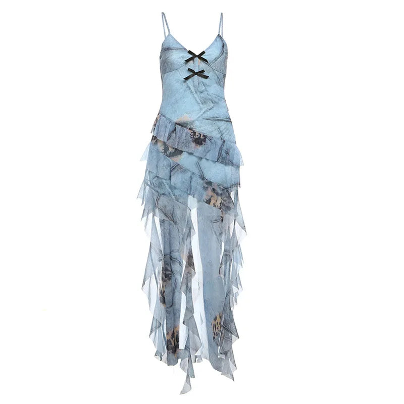 Hnewly  Spring Summer Sexy Sleeveless Slip Dress Fashion V-neck Slim Ruffles Irrgular Robe Y2k Aesthetic Bow Vestidos Mujer