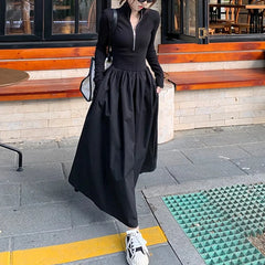 Hnewly  Hebe Style Long Sleeve  Collar Dress Women's Spring Autumn New Design Black Slim Fit A-Line Skirt High Waist  Sweet
