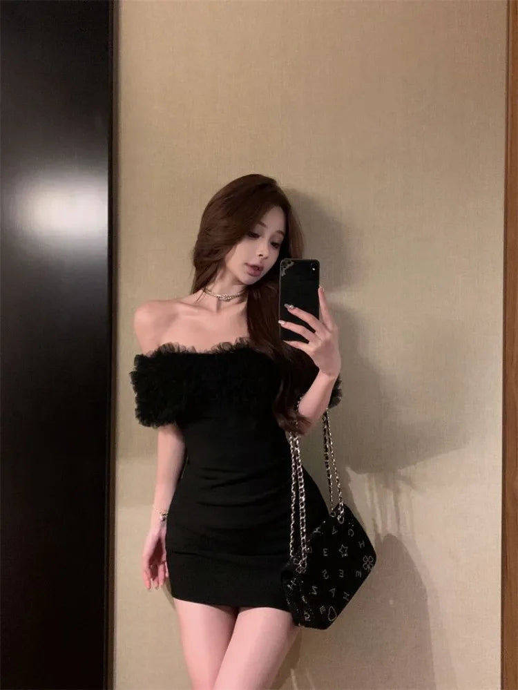 Hnewly  Woman Dress Sexy Slash Neck Off Shoulder Patchwork Slim Backless Summer Fashion Party Mini Dresses Female Casual