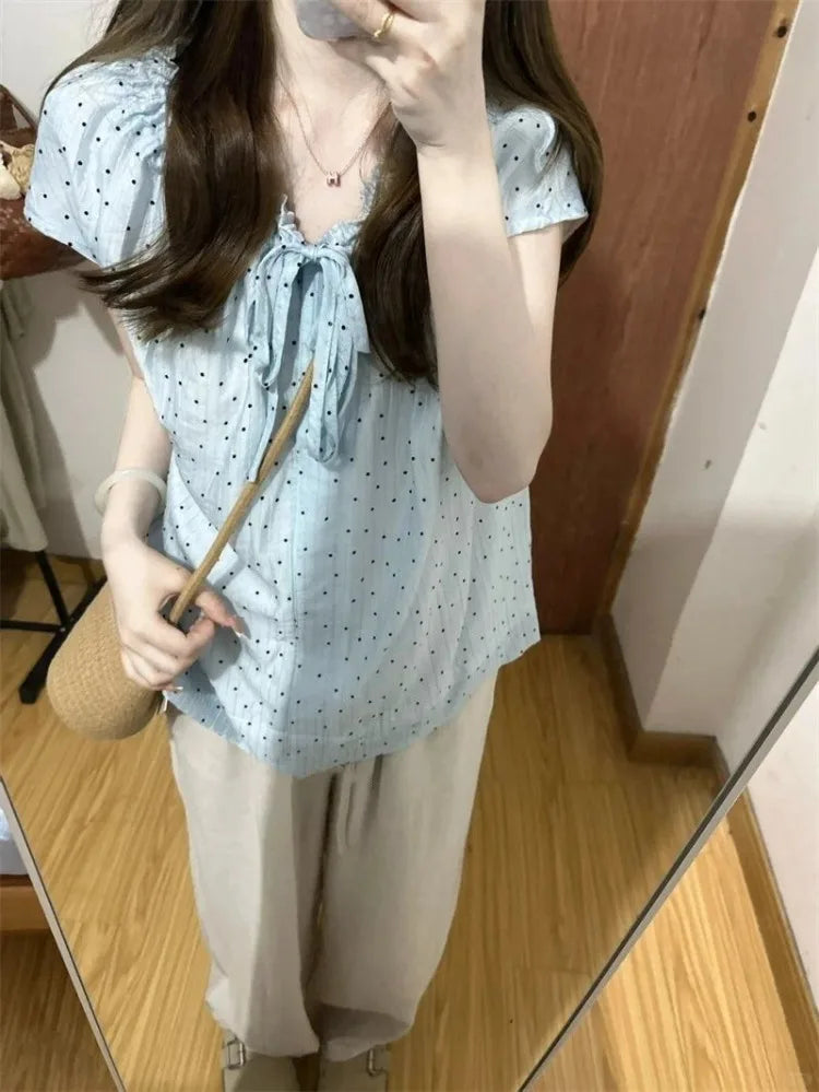 Hnewly  Women Blouse Bow Bandage Polka Dot Short Sleeve Sweet Loose Summer Fashion Shirts French Style Chic Female Tops Casual