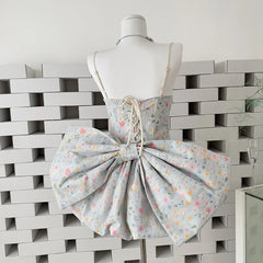 Hnewly  Girls' Floral Print Fishbone Bub Dress Spaghetti Strap Birthday Dress Sleeveless Short Dresses with Shorts Bow Vestidos Mujer