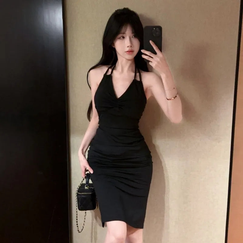 Hnewly  Woman Elegant Dresses Slim Split V Neck Summer Fashion Sexy Backless Halter Solid Party Dress Female Casual Temperament
