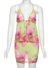 Hnewly  Flower Print Fashion 2 Piece Set Women Halter Lace-Up Backless Ruched Camisole+Skinny Skirt Vacation Beach Party Suit