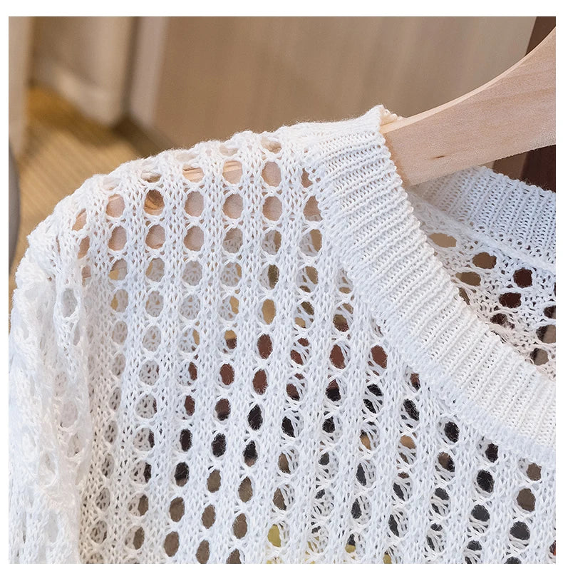 Hnewly  Women Mesh Top Oversized Long Sleeve T-shirts Crew Neck Loose Casual Knit Tees See-Through Openwork Knit Top Women Spring Summer