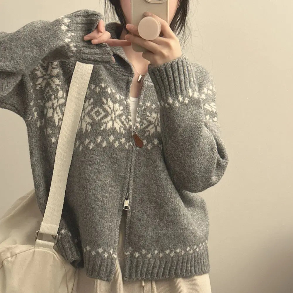 Hnewly  Zip-up Fair Isle Sweater for Women Cozy Knitwear Polo Collar Zipper Front Knitted Jacket Ladies Autumn Winter Vintage Outfit