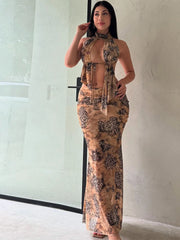 Hnewly  Tie-Dye Fashion 2 Piece Set Women Halter Turtleneck Ruffles Backless Tops+Ruched Skirts Vacation Beach Party Outfits