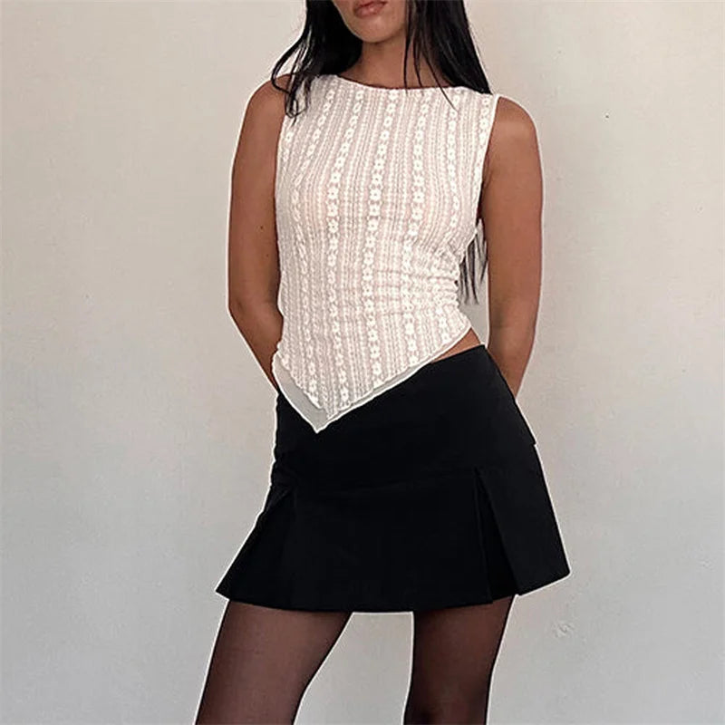 Hnewly Lace Tank Top y2k Clothes Women Sheer Floral Round Neck Sleeveless Asymmetrical Hem T Shirt 2000s Clothing Streetwear
