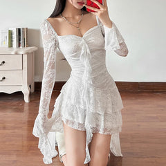 Hnewly  Goth Dark Fairycore Lace Flare Sleeve Square Neck A-line Dress Sweet E-girl Irregular Long Hem Dresses Cyber Y2K Party Vestido