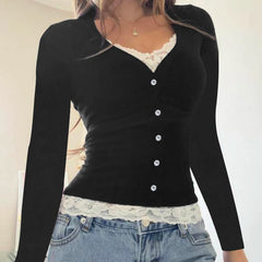 Hnewly Contrast Lace Stitching Cropped Top Women Autumn Fake Two-piece Patchwork Full Sleeve T Shirt y2k Vintage Casual T-shirts