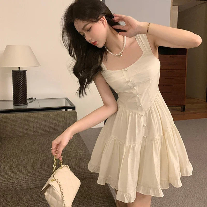 Hnewly DRESS TO IMPRESS Women Beige Dress Sexy Sweet Elegant Backless Ruffle Edge Mini Skirt Fashion Square Collar Lady Pleated Short Dresses Summer