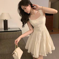 Hnewly DRESS TO IMPRESS Women Beige Dress Sexy Sweet Elegant Backless Ruffle Edge Mini Skirt Fashion Square Collar Lady Pleated Short Dresses Summer