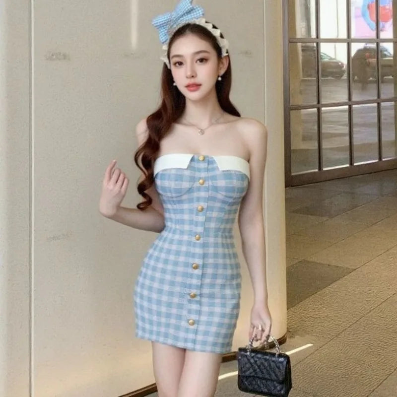 Hnewly  Elegant Fashion Plaid Dresses Women Strapless Sexy Slim Backless Button Summer New Party Mini Dress Clubwear Female