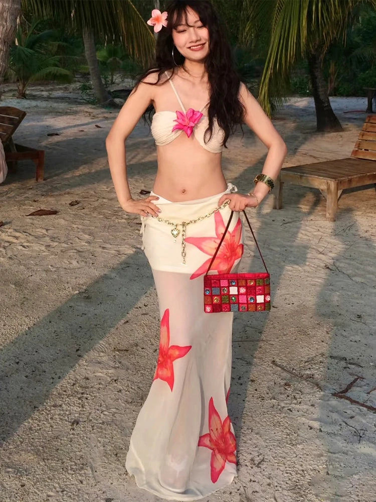 Hnewly   Beach Party 2-Piece Set Women Y2K Halter 3d Flowers Bra+Flower Print Mesh Lace-Up Skirts Matching Summer Trend Suit