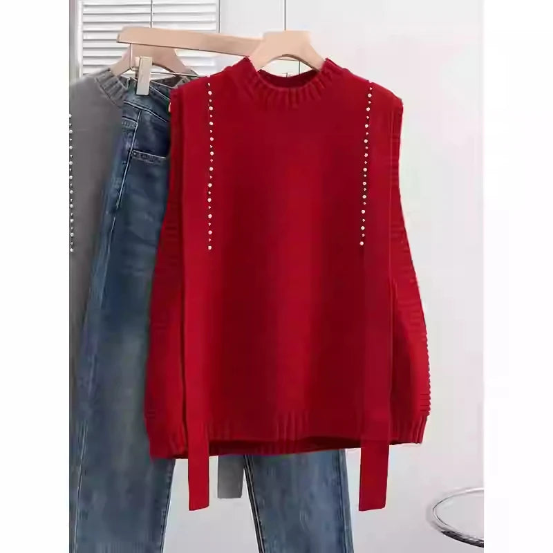 Hnewly  Elegant Bead Knitted Sweater Vest Women's Spring  Autumn Loose Versatile Comfortable Sleeveless Vest Casual Solid O-neck Top