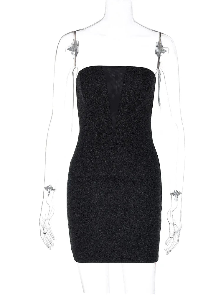 Hnewly Shine Women Elegant Strapless Solid Patchwork Sexy Bodycon Mini Prom Dress Winter New Clothes Party Club Christmas