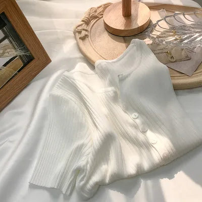 Hnewly  Knitted Short Sleeved T-shirt Sweater Women Spring  Summer 2025 Thin Loose V-neck Single Breasted Top Solid Short Cardigan Coat