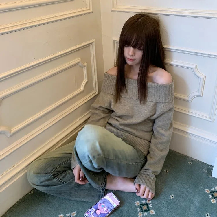 Hnewly Y2k Vintage Off Shoulder Knit Sweater Women Autumn Korean Fashion Aesthetic Harajuku Jumper Gyaru Sexy Pullover Loose