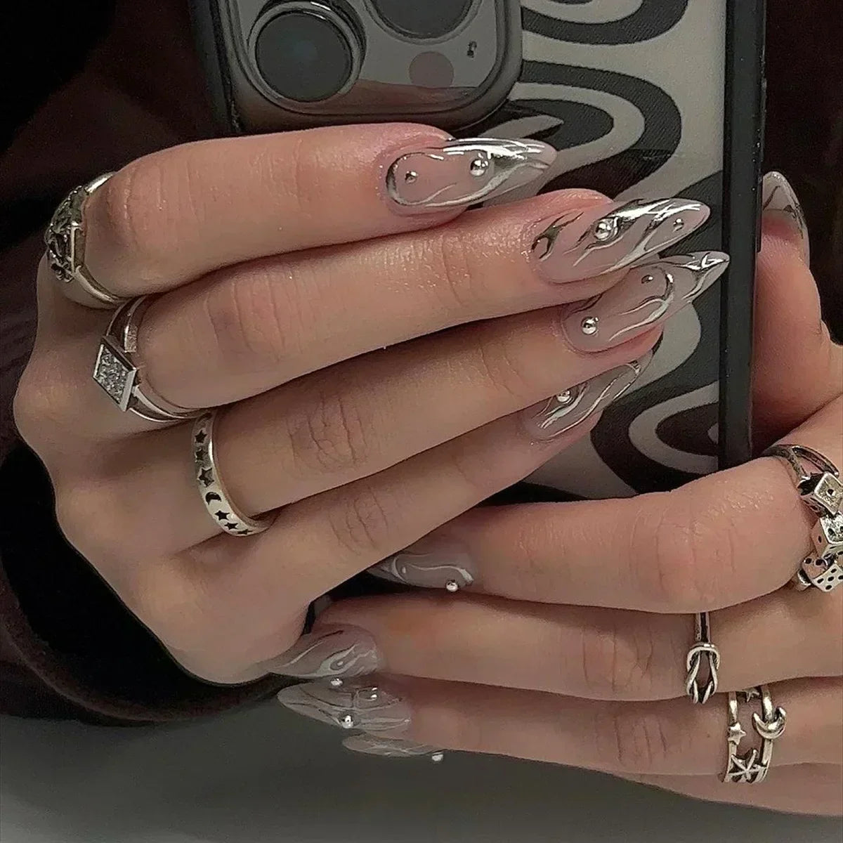 Hnewly 24Pcs Pink Almond French Press on Nails With 3D Bow ripple charms Design Fake Nails Ballerina False Nails Full Cover Nail Tips