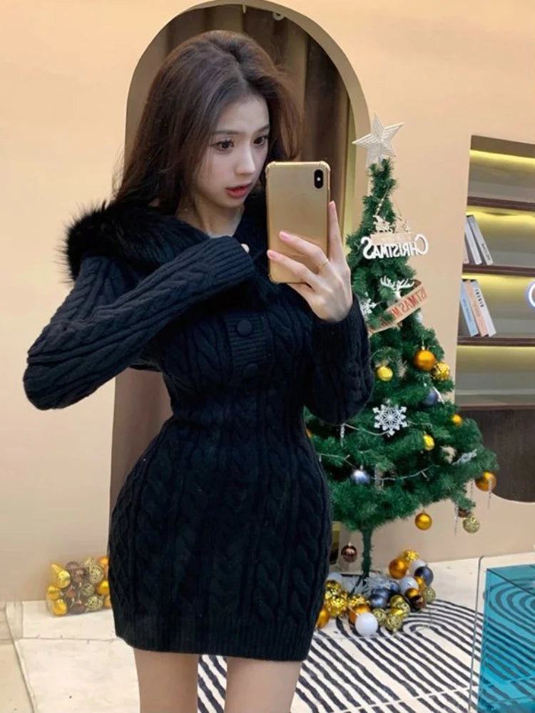 Hnewly Winter Knitted Sweater Dress Hooded Women Slim Bodycon Y2k Mini Dress Faux Fur Female One Piece Dress Korean Elegant