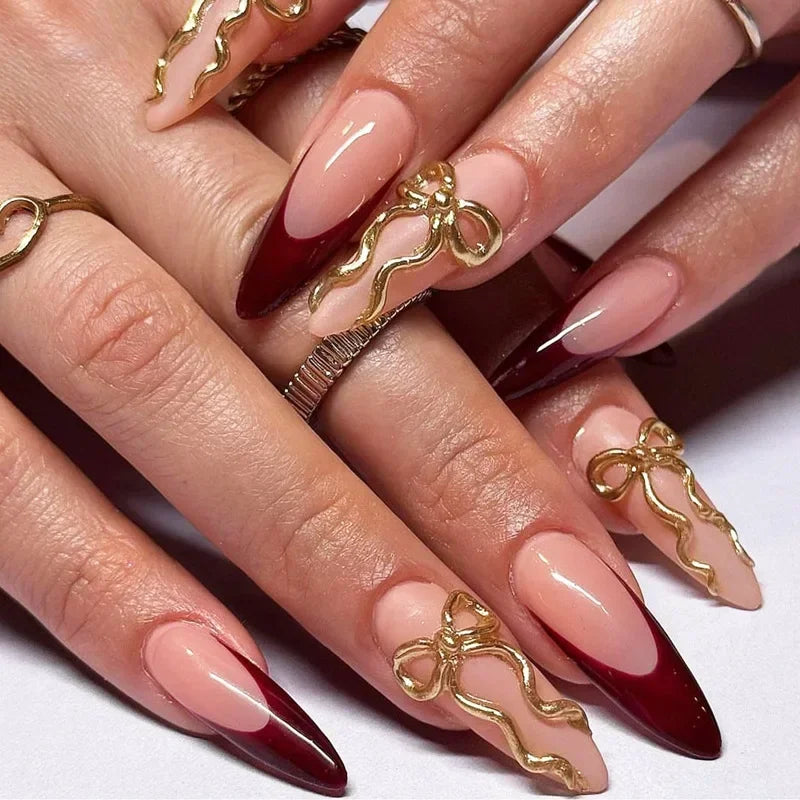 Hnewly 24Pcs French Almond False Nails Glitter with Rhinestones Wearable Fake Nails Artificial Simple Full Cover Press on Nails Tips
