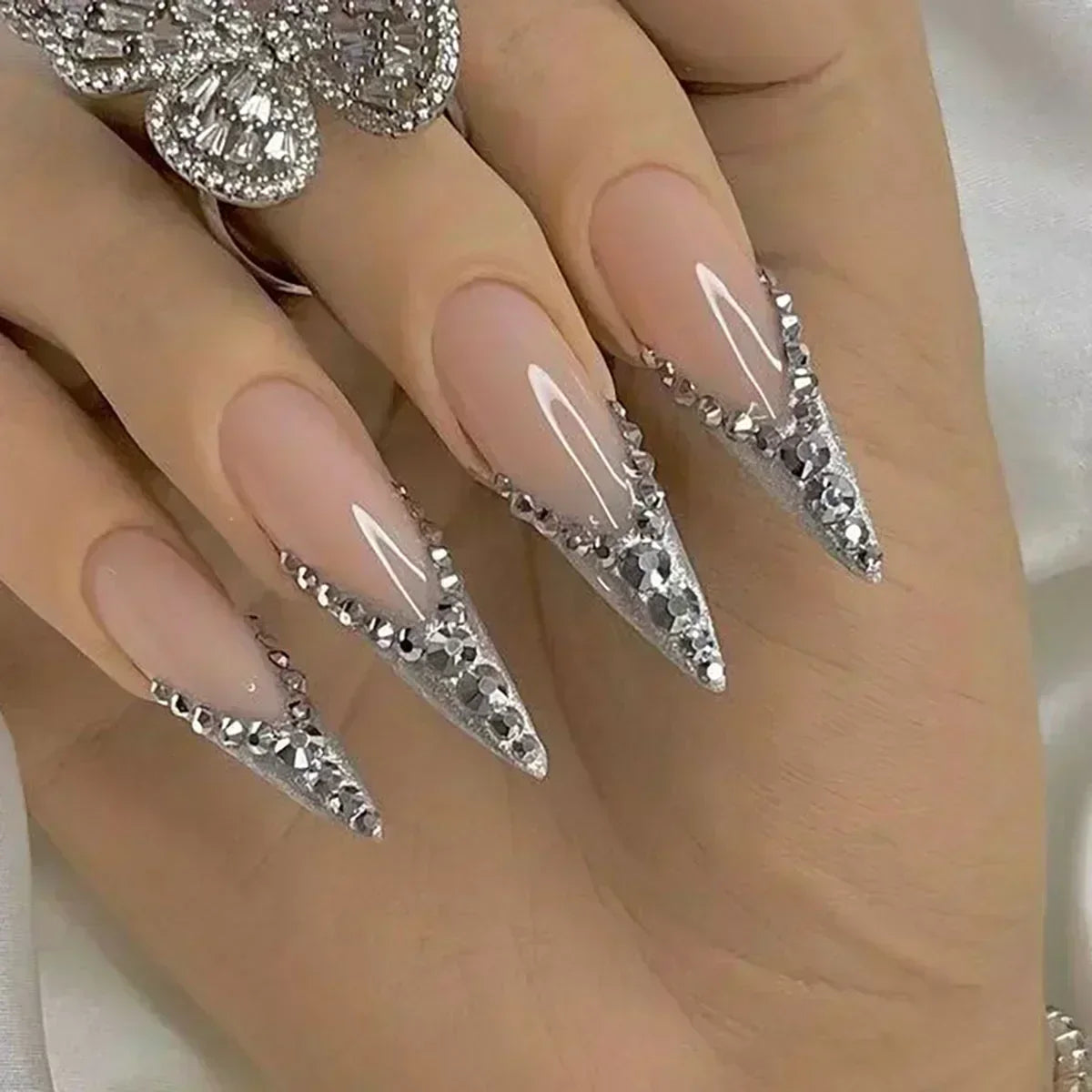 Hnewly 24Pcs French Almond False Nails Glitter with Rhinestones Wearable Fake Nails Artificial Simple Full Cover Press on Nails Tips