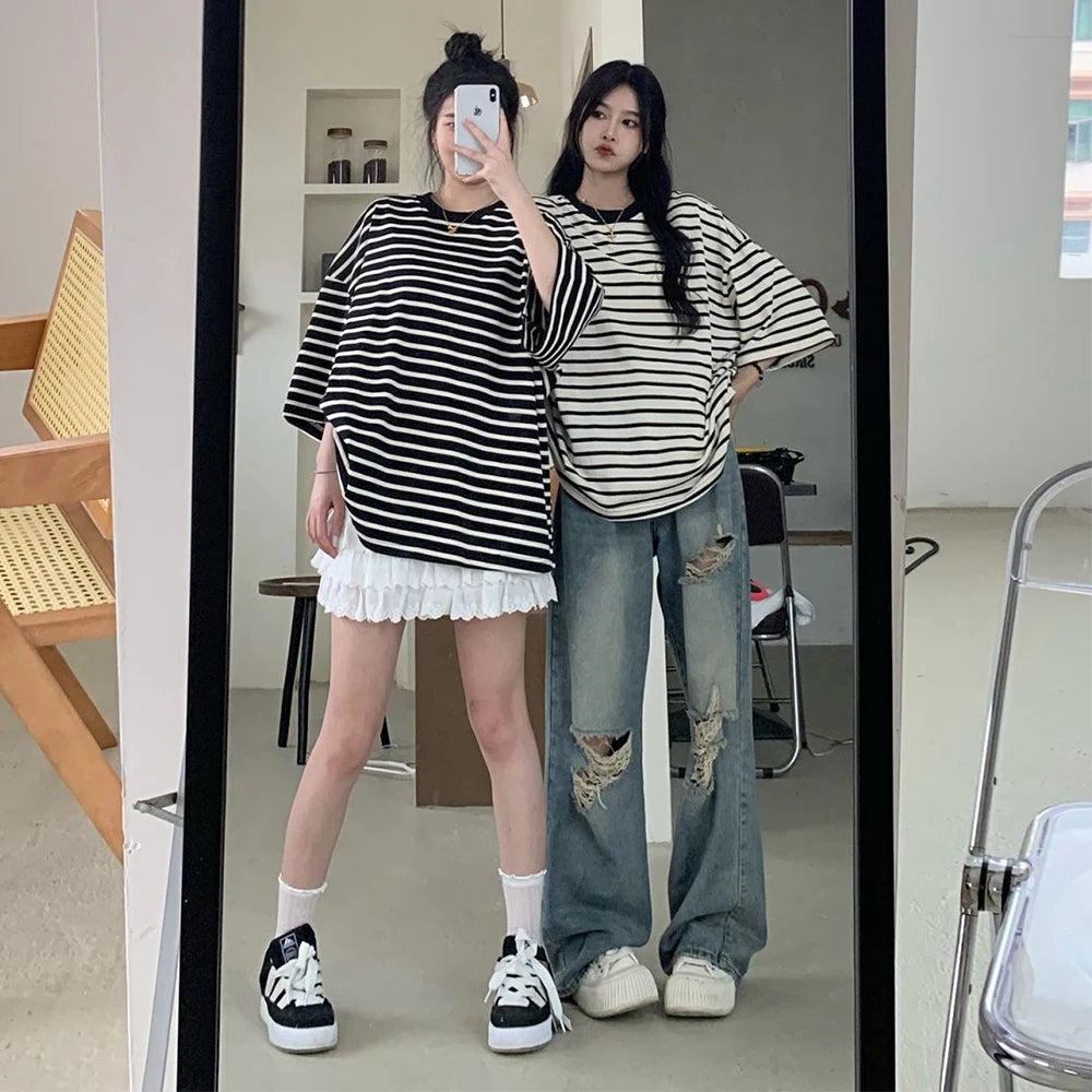 Hnewly American Retro Hole-punched Jeans Women High Waist Straight-crotch Loose Slim Design High-street Vibe Wide-legged Dragging Pants