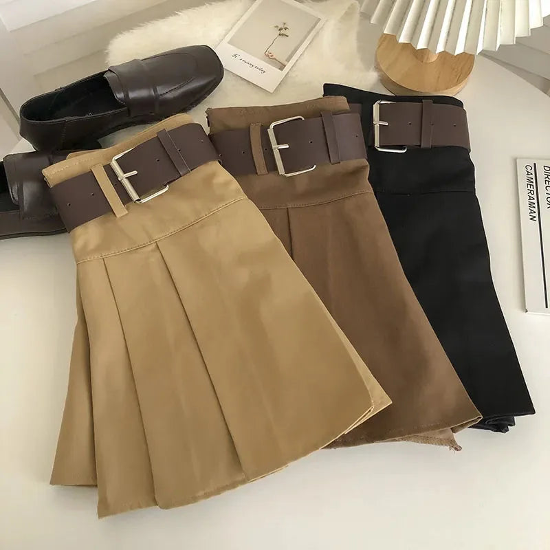 Hnewly High Waist with Belt Pleated Skirts Women Y2K Summer Korean Streetwear Mini Skirt Female Solid Preppy All Match A Line Skirt New