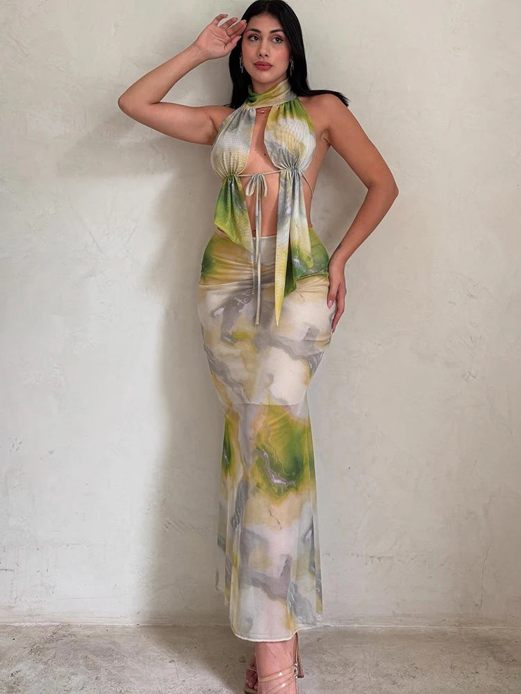 Hnewly  Tie-Dye Fashion 2 Piece Set Women Halter Turtleneck Ruffles Backless Tops+Ruched Skirts Vacation Beach Party Outfits