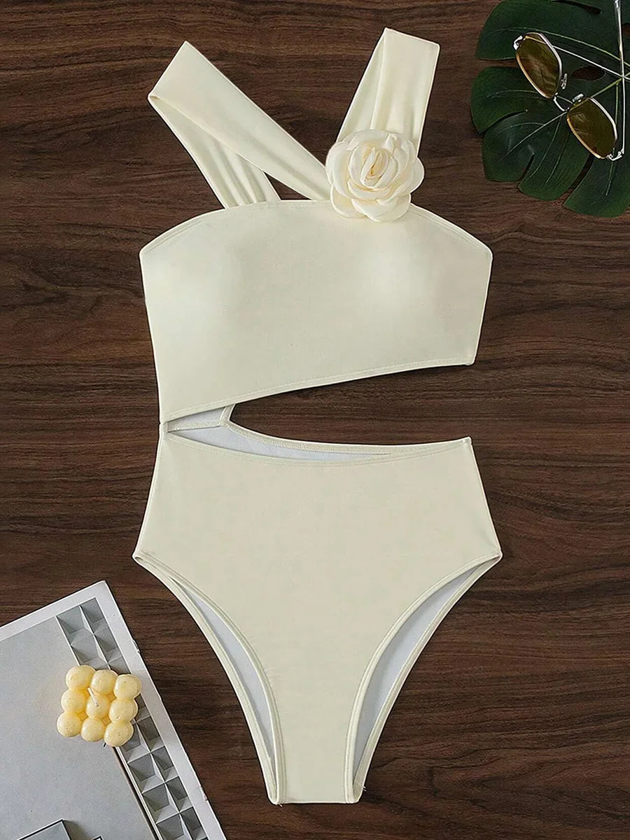 Hnewly  3D Flower Asymmetric Cut Out Women Swimwear One Piece Swimsuit Female High Cut Monokini High Waist Bathing Suit Swim Beachwear