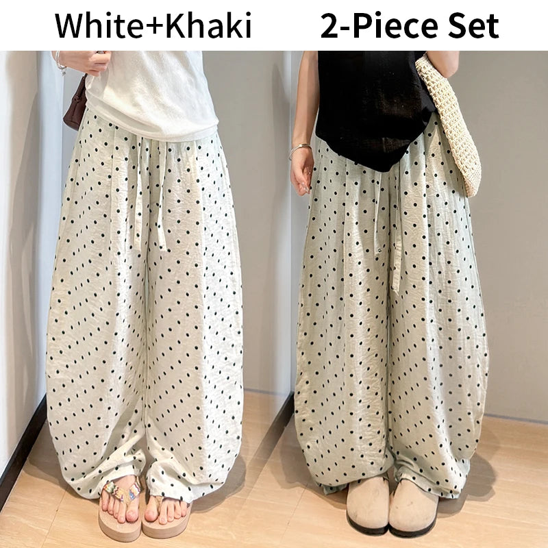 Hnewly  Linen Polka Dot Wide-Leg Pants for Women's Summer, Thin High-Waisted Loose and Laid-Back Style Yamamoto Pants, Casual Straight-L