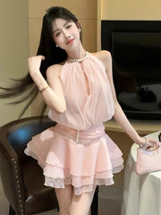 Hnewly  Mini Dresses Women Pearl Halter Sleeveless Bandage Slim Backless Hollow Out Sweet Elegant Party Dress Female Casual