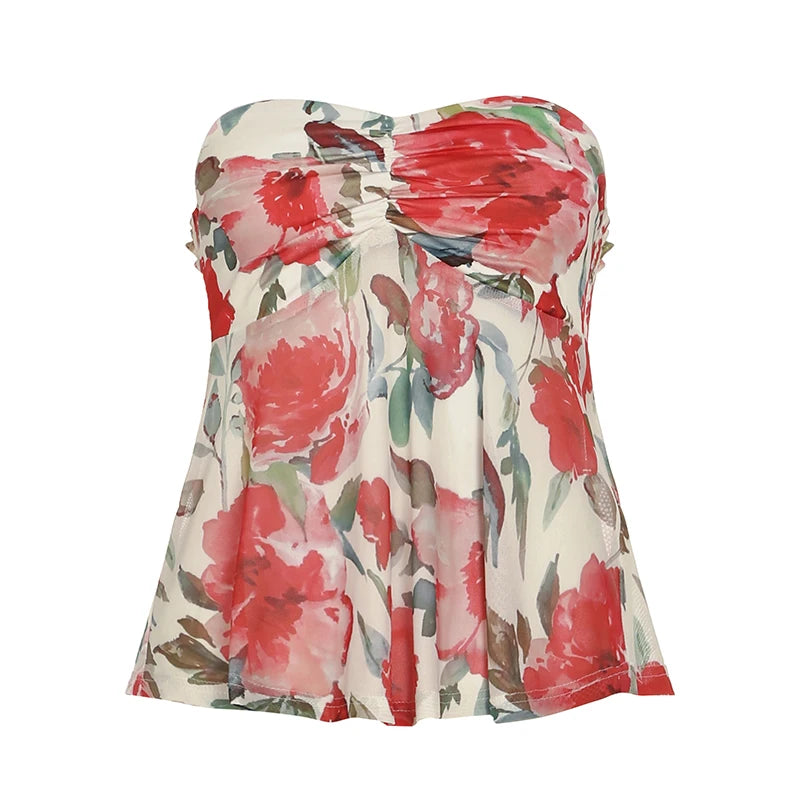 Hnewly Holiday Floral Print Mesh Tube Top Summer Kawaii Strapless A-line Crop Tops for Women Cute Coquette Vest Vintage Tee Lady