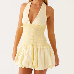 Hnewly Smocked Halter Mini Dress y2k Women Summer Solid Color Sleeveless Backless Short Dress Beach Party Dresses Clubwear