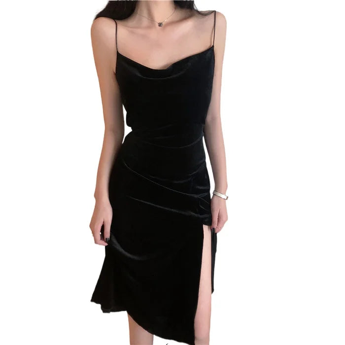 Hnewly New Vintage Women Dress Spaghetti Strap Slit Velvet Black Dress Sexy Bodycon Bandage Dress Midi Party Dress Verano Vestidos