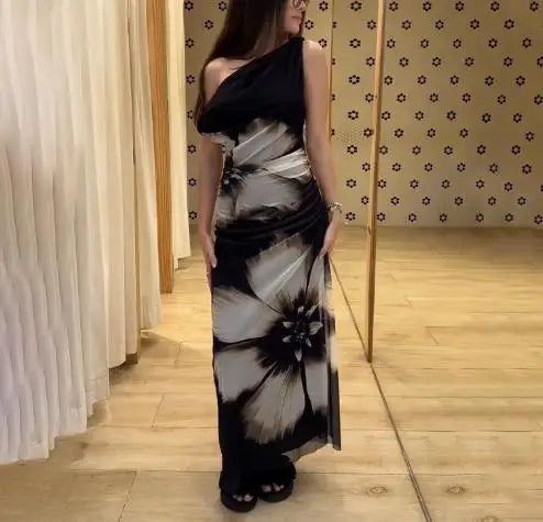 Hnewly  Autumn New One - Shoulder Sleeveless Slant Neck Floral Pattern Maxi Dress for Women, Elegant Draped Bodycon Bag Hip Long Dress