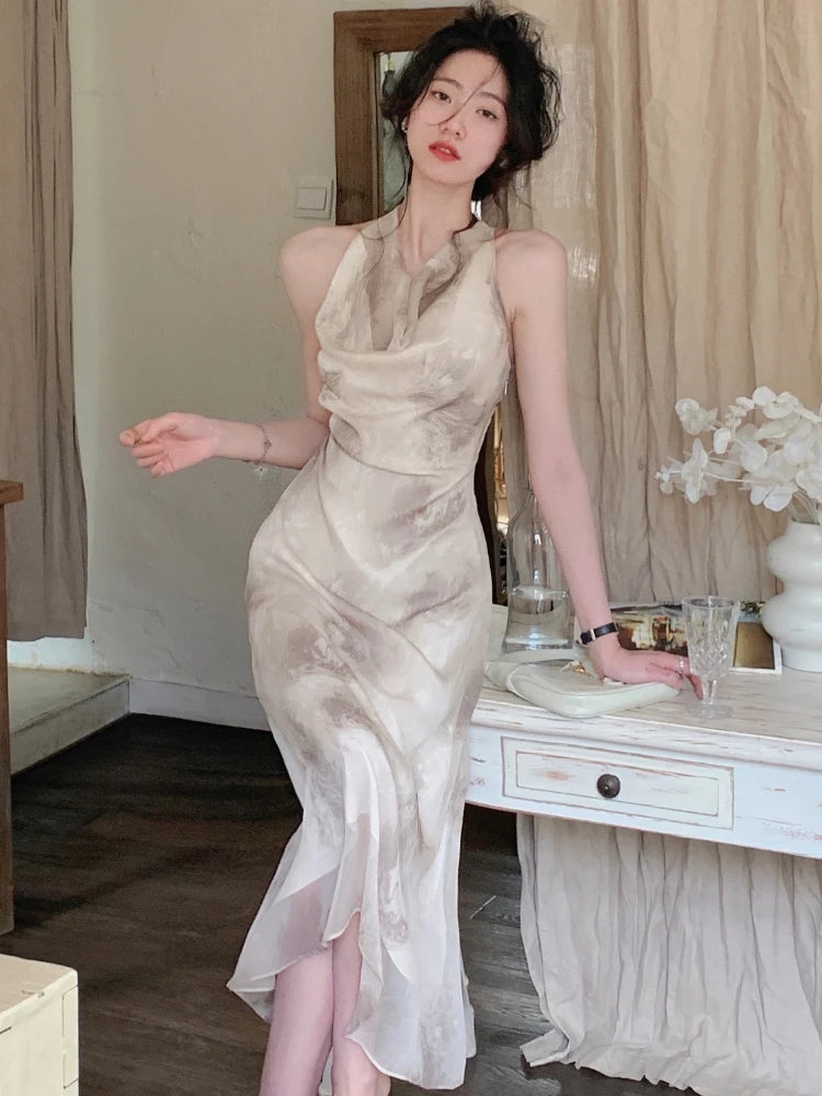Hnewly Vintage Sexy Sleeveless Neck-mounted Party Maxi Dresses for Women Halter Spaghetti Strap Folds Midi Dress Elegant Fashion Summer