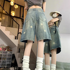 Hnewly  Star Pattern Y2K Denim Shorts Women Streetwear High Waisted Wash Knee Length Jeans Woman Summer Wide Leg Shorts Female