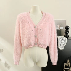 Hnewly  Heart Button Plush Soft Sweater Coat Autumn/Winter New Women's Fashion Shiny Diamond V-Neck Short Knitted Cardigan Top