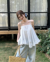 Hnewly  Striped Camis Women Lace Patchwork Summer Fashion Loose Slash Neck Chic Sweet Tank Tops Female Casual Backless
