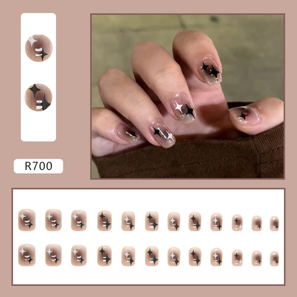 Hnewly 24pcs Gradient False Nails Cute Star Printed Design Fake Nail Short Square Faux Ongles Manicure Nail Stickers Press On Nail Tips