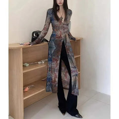 Hnewly  American Retro Printing Gauze Lolita Summer New Patchwork V-neck Button Fashion Slim All-match Long Sleeved Chiffon Jacket